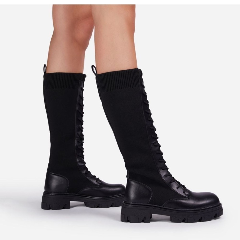 EGO SAINT LACE UP MID CALF KNITTED CHUNKY SOLE ANKLE BOOT BLACK FAUX LEATHER